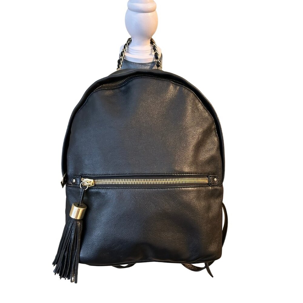 Margot Black Genuine Leather Backpack Purse Gold Zipper Tassel